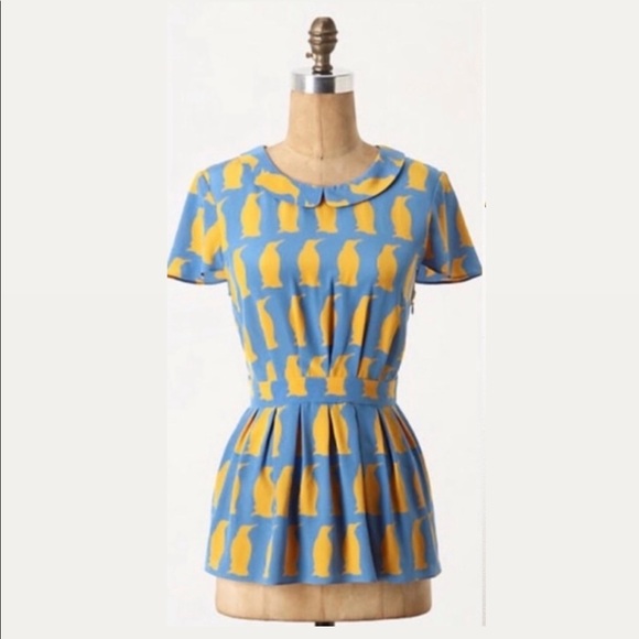 Anthropologie Tops - Anthropologie Silk Peplum Blouse Penguin Print Cap Sleeve
